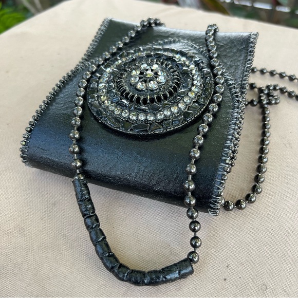 LR Leatherock Black Leather Mini Crossbody Bag Crystal Rock Pebbled Detail - Picture 11 of 16